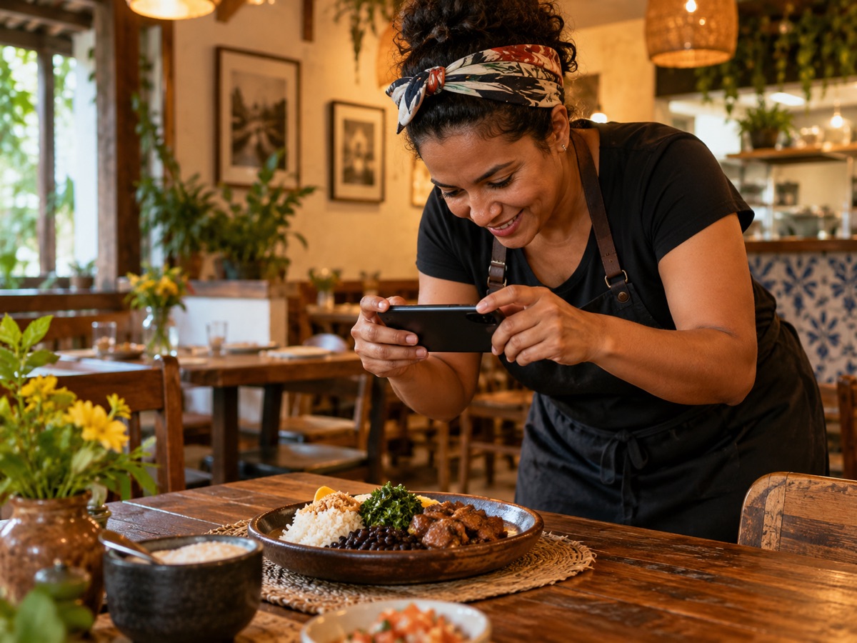 Dono de restaurante fotografando um prato